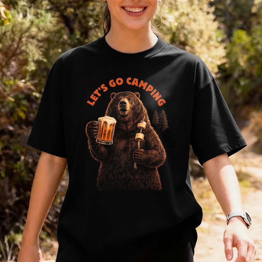Let’s Go Camping Bear Beer T-Shirt, Funny Camping Bear Marshmallow Graphic Tee, Outdoor Campfire Adventure Shirt