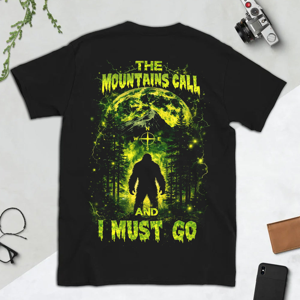 The Mountains Call and I Must Go T-Shirt – Neon Bigfoot Forest Adventure Graphic Shirt for Hikers, Campers & Wilderness Lovers