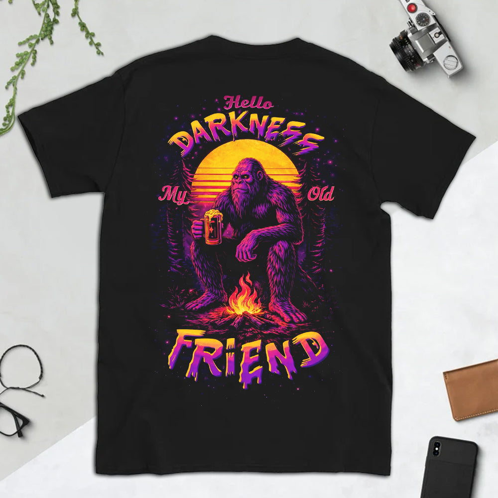 Hello Darkness My Old Friend T-Shirt – Retro Bigfoot Campfire Graphic Shirt for Night Campers, Sasquatch Fans & Outdoor Humor Lovers