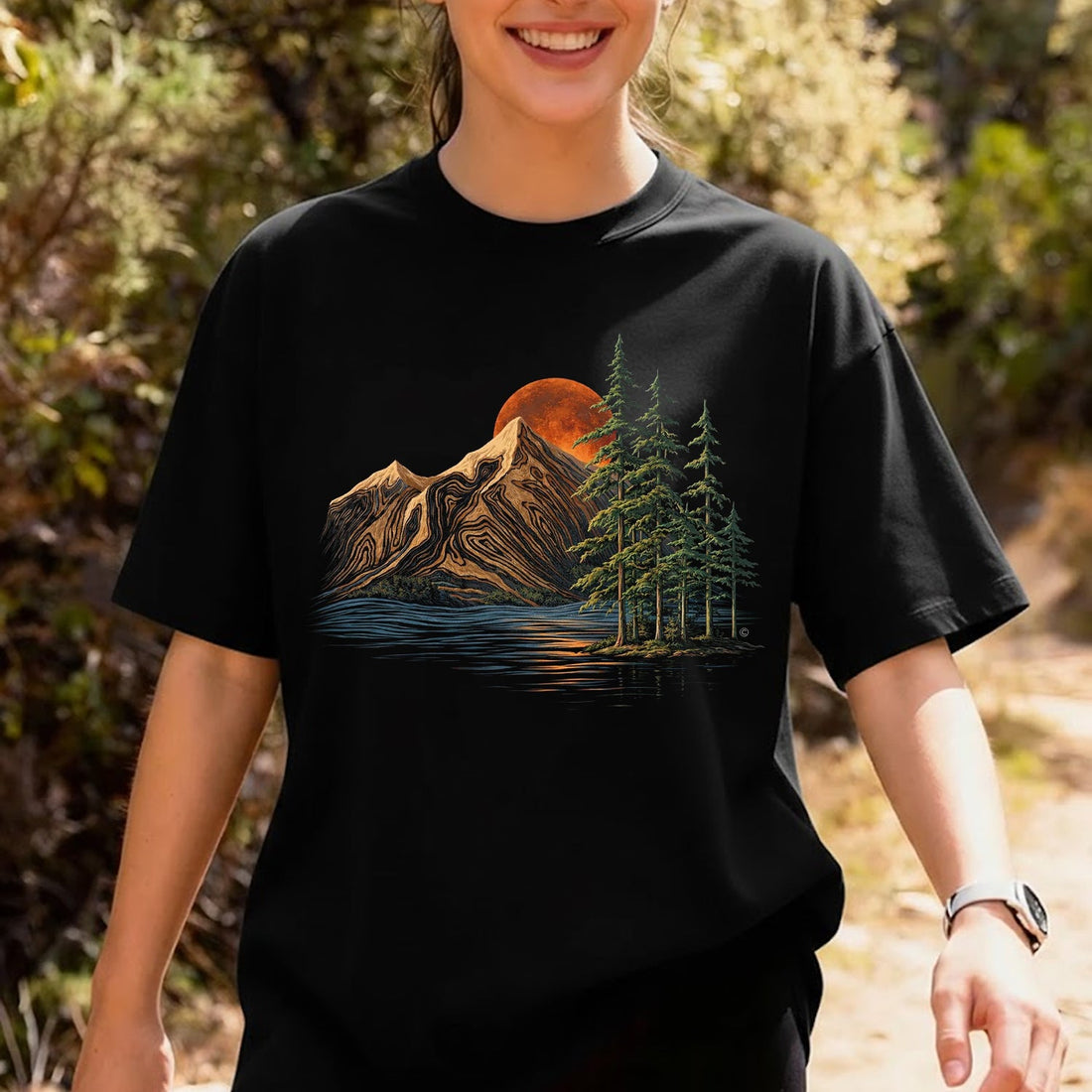 Mountain Lake Sunset T-Shirt – Minimalist Nature Landscape Graphic Tee, Pine Forest Outdoor Art Shirt