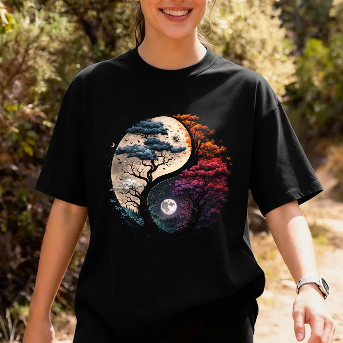 Yin Yang Tree of Life T-Shirt – Colorful Moon Nature Graphic Tee, Spiritual Balance Art Shirt