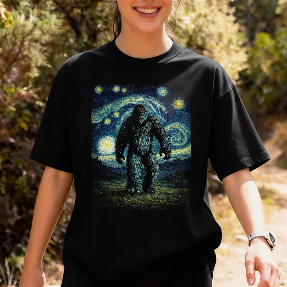 Starry Night Sasquatch T-Shirt – Bigfoot Inspired Van Gogh Art Graphic Tee, Cryptid Night Sky Aesthetic Shirt