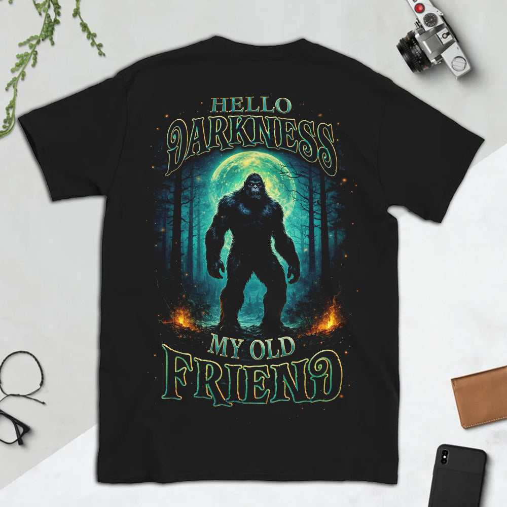 Hello Darkness Bigfoot T-Shirt – Mysterious Sasquatch Moonlit Forest Graphic Tee, Dark Fantasy Wilderness Design Shirt, Cryptid Night Adventure Apparel