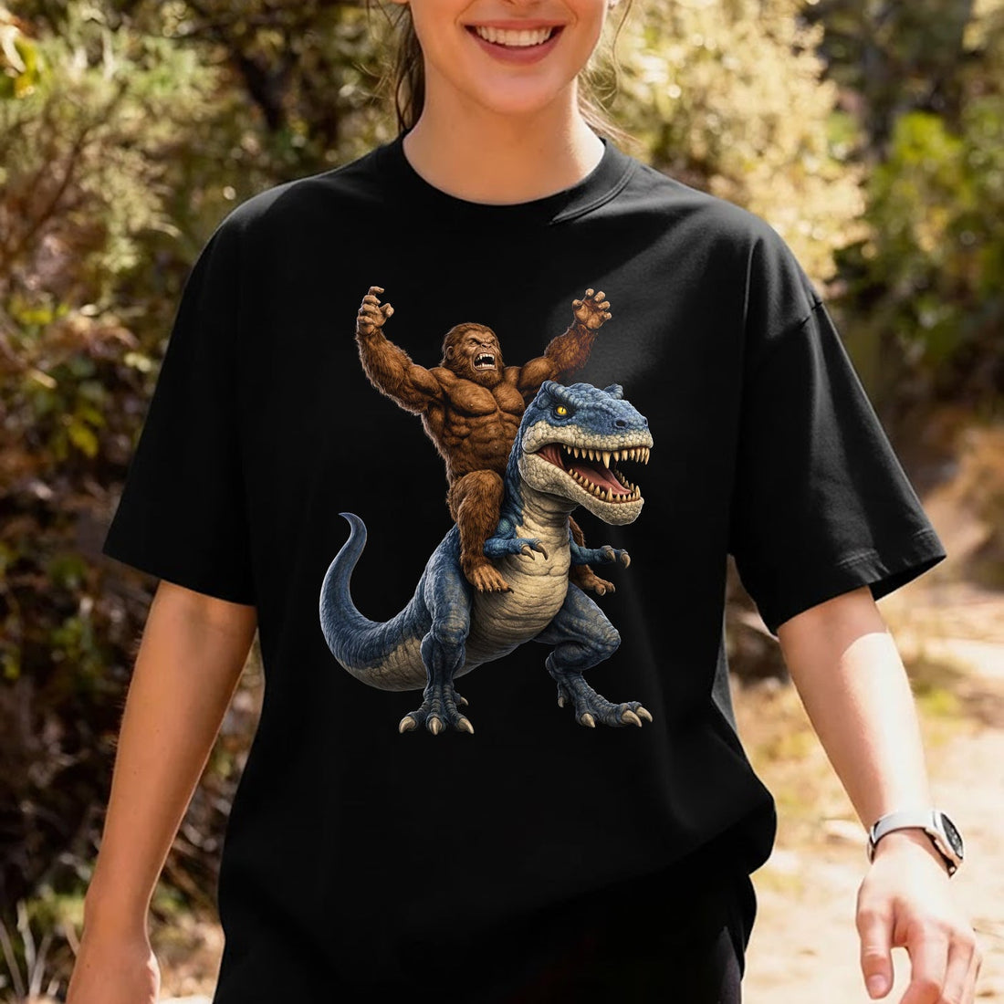 Bigfoot Riding Dinosaur T-Shirt – Funny Sasquatch on T-Rex Graphic Tee, Epic Fantasy Humor Shirt for Adventure & Meme Lovers