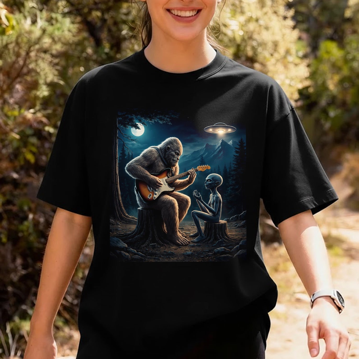 Bigfoot Playing Guitar with Alien T-Shirt – Funny UFO Sasquatch Music Graphic Tee, Sci-Fi Fantasy Humor Shirt