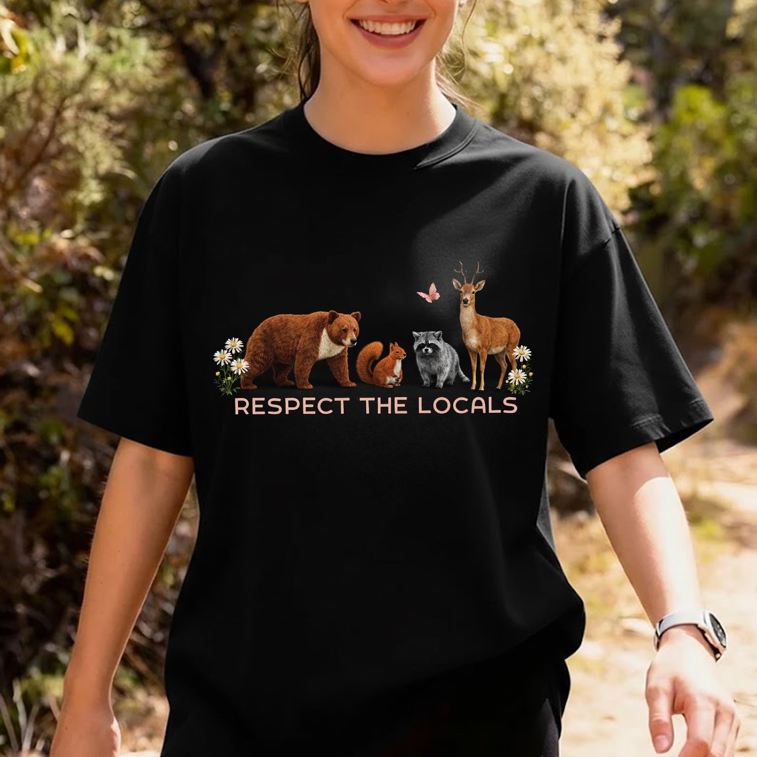 Respect the Locals T-Shirt – Cute Woodland Animals Graphic Tee, Wildlife Nature Conservation Shirt