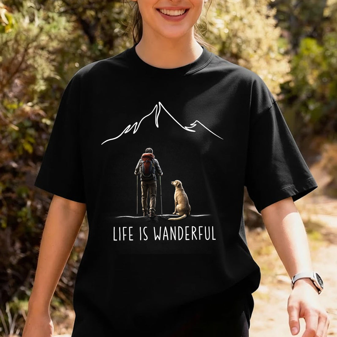 Life Is Wanderful T-Shirt – Minimalist Hiking with Dog Graphic Tee, Mountain Adventure Outdoor Shirt