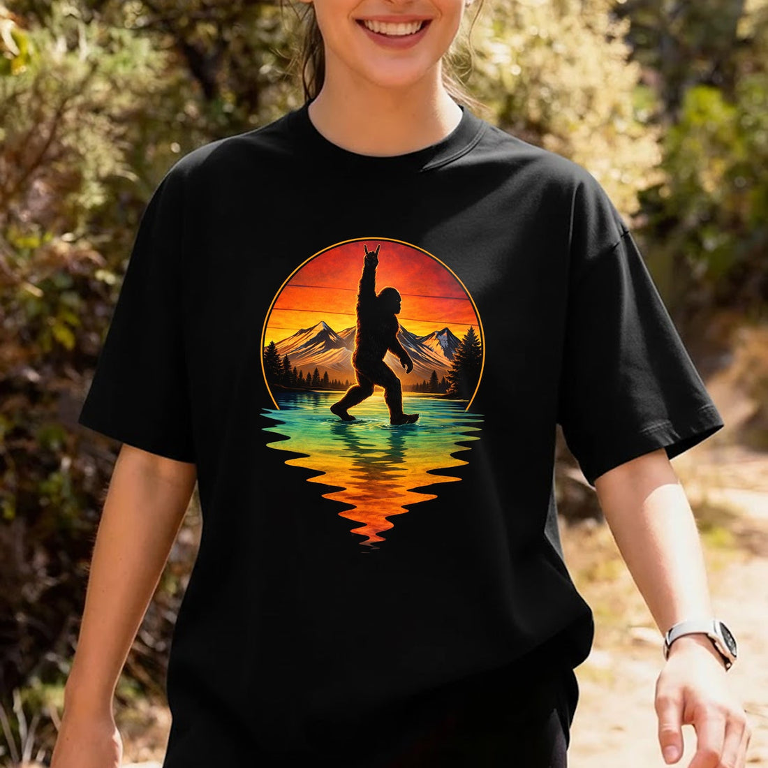 Bigfoot Sunset Lake T-Shirt, Sasquatch Mountain Reflection Graphic Tee, Funny Wilderness Outdoor Adventure Shirt
