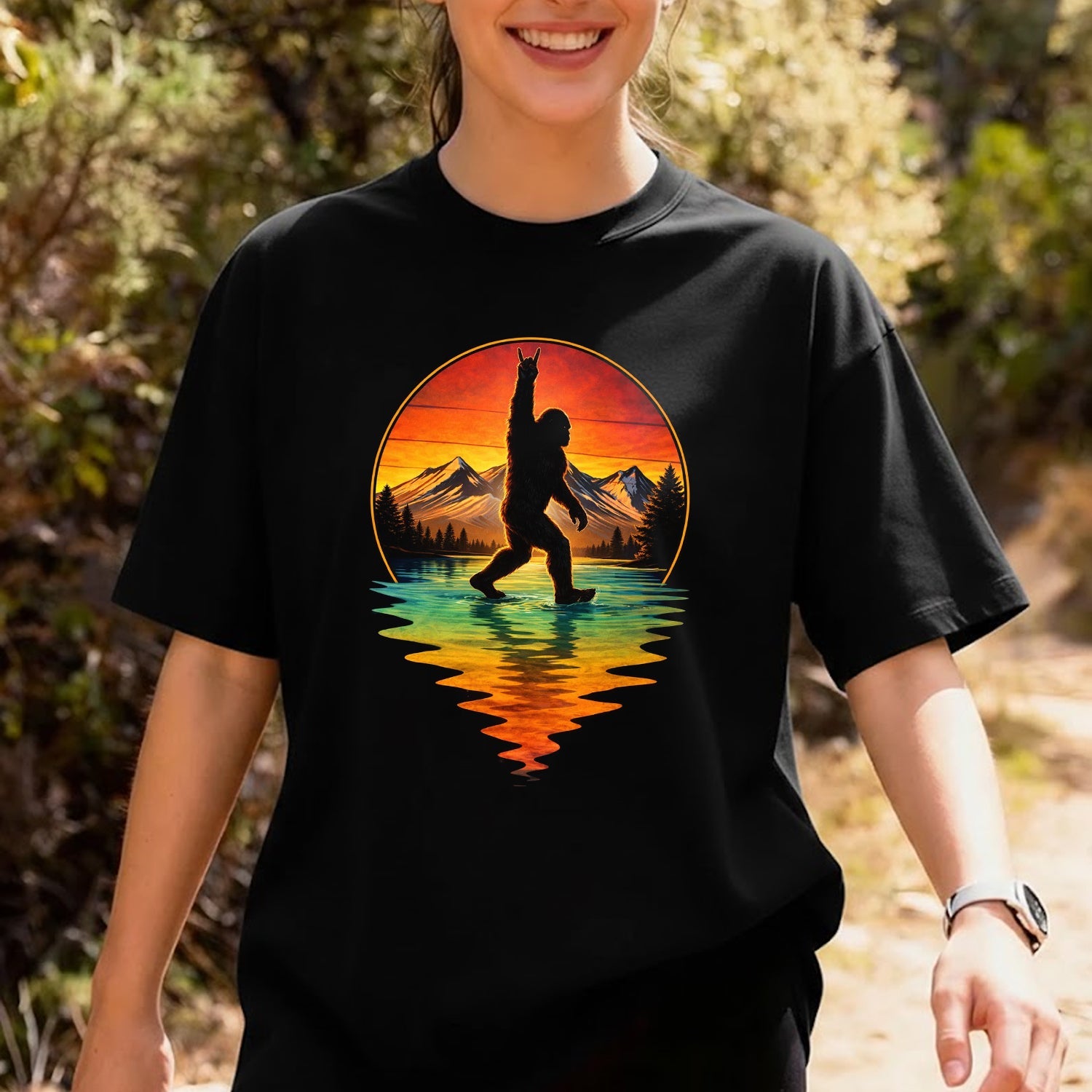 Bigfoot Sunset Lake T-Shirt, Sasquatch Mountain Reflection Graphic Tee, Funny Wilderness Outdoor Adventure Shirt