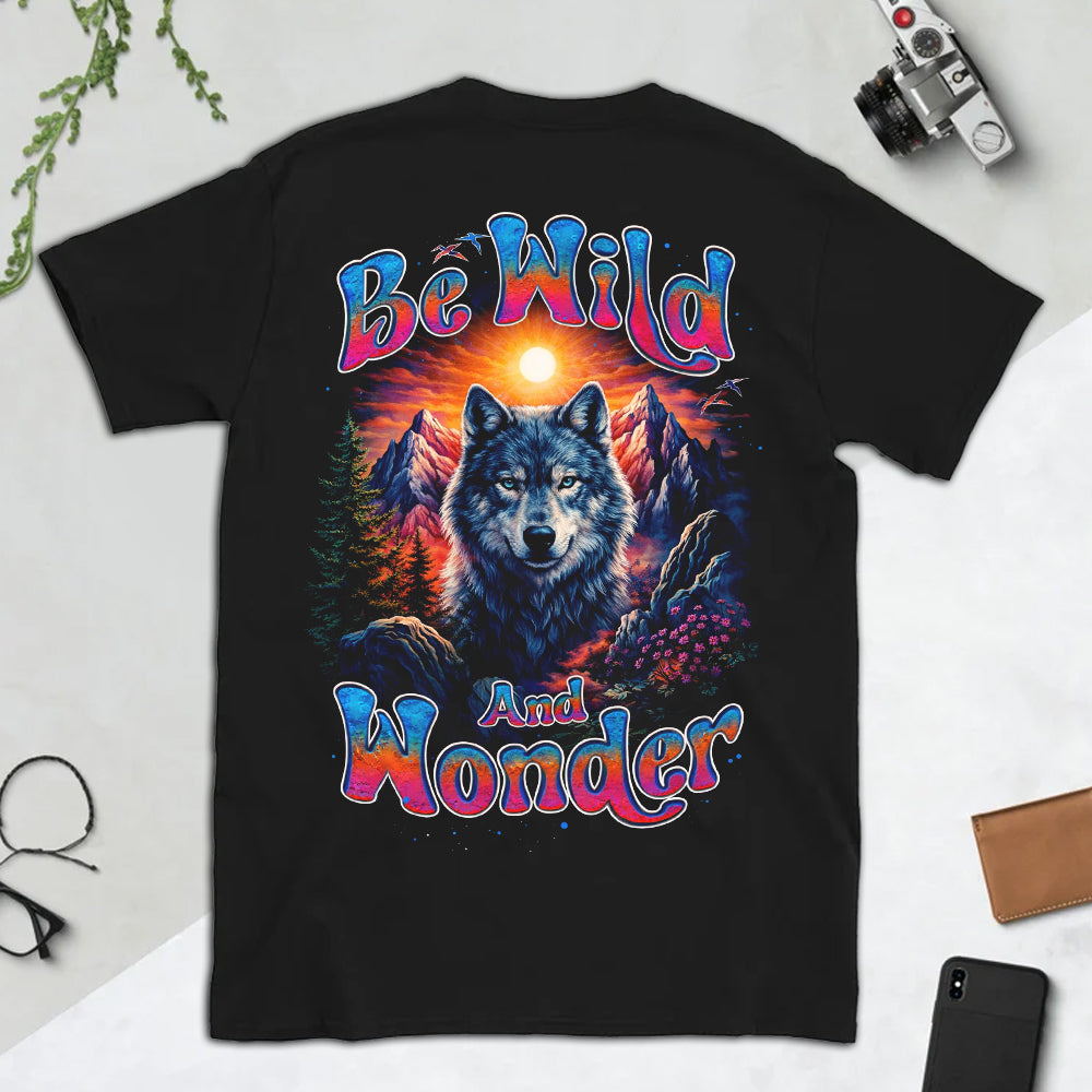Be Wild and Wonder Wolf T-Shirt – Vintage Sunset Wolf Graphic Tee for Nature Lovers, Retro Wildlife Spirit Shirt