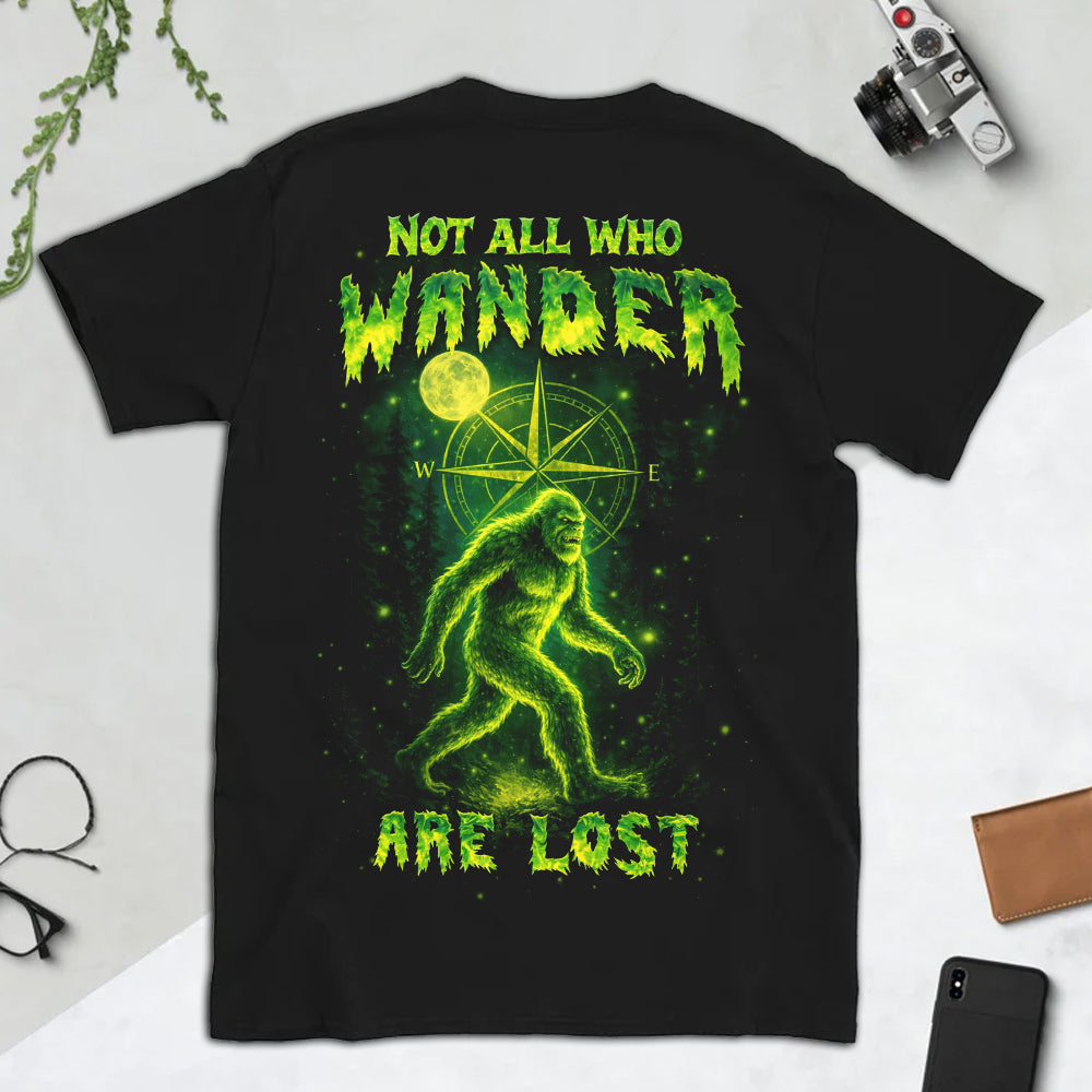 Not All Who Wander Are Lost T-Shirt – Neon Green Bigfoot Compass Graphic Shirt for Night Hikers, Sasquatch Fans & Wilderness Explorers
