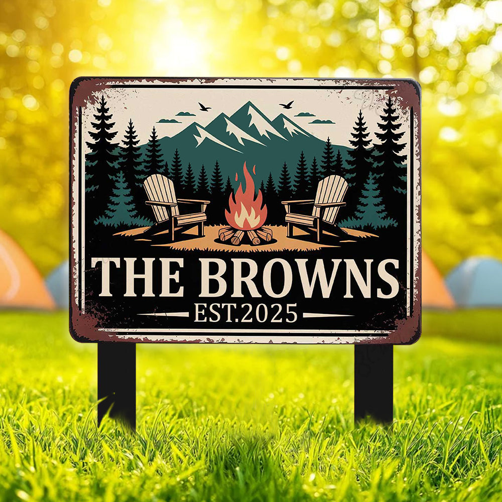 Personalized Family Campfire Sign – Custom Metal Camping Sign – Outdoor Fire Pit Yard Decor