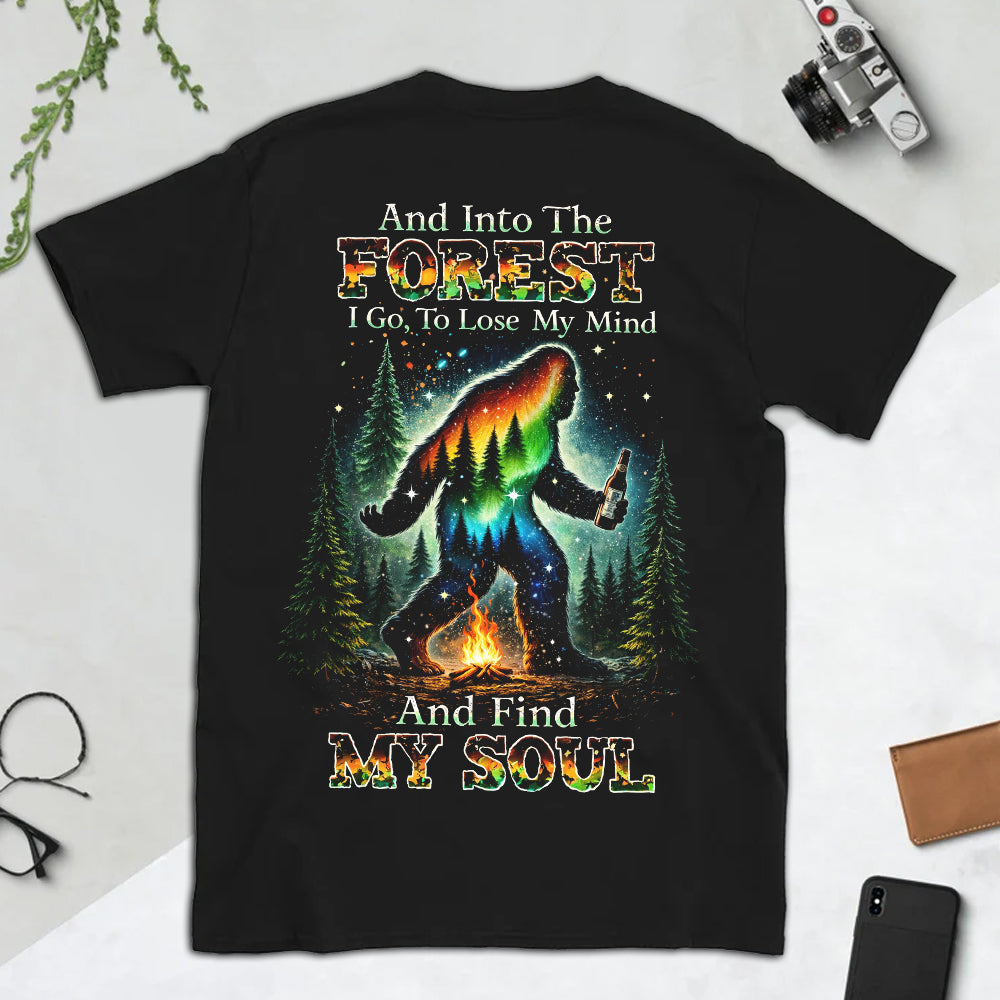 And Into The Forest I Go Bigfoot T-Shirt, Sasquatch Campfire Beer Graphic Tee, Funny Wilderness Camping Nature Shirt for Men