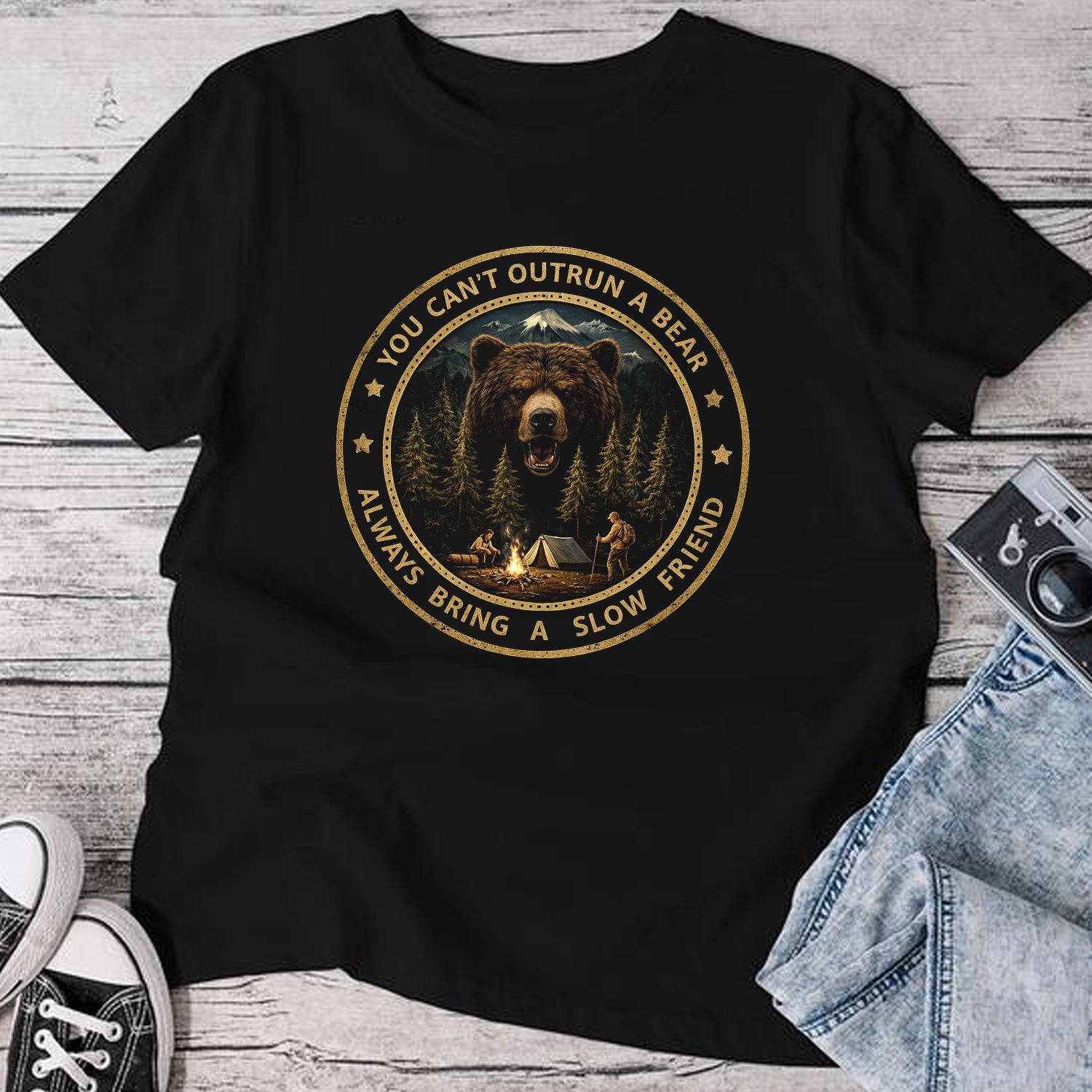 You Can’t Outrun a Bear T-Shirt – Funny Camping Bear Graphic Tee for Outdoor Adventure, Hiking & Survival Humor Shirt