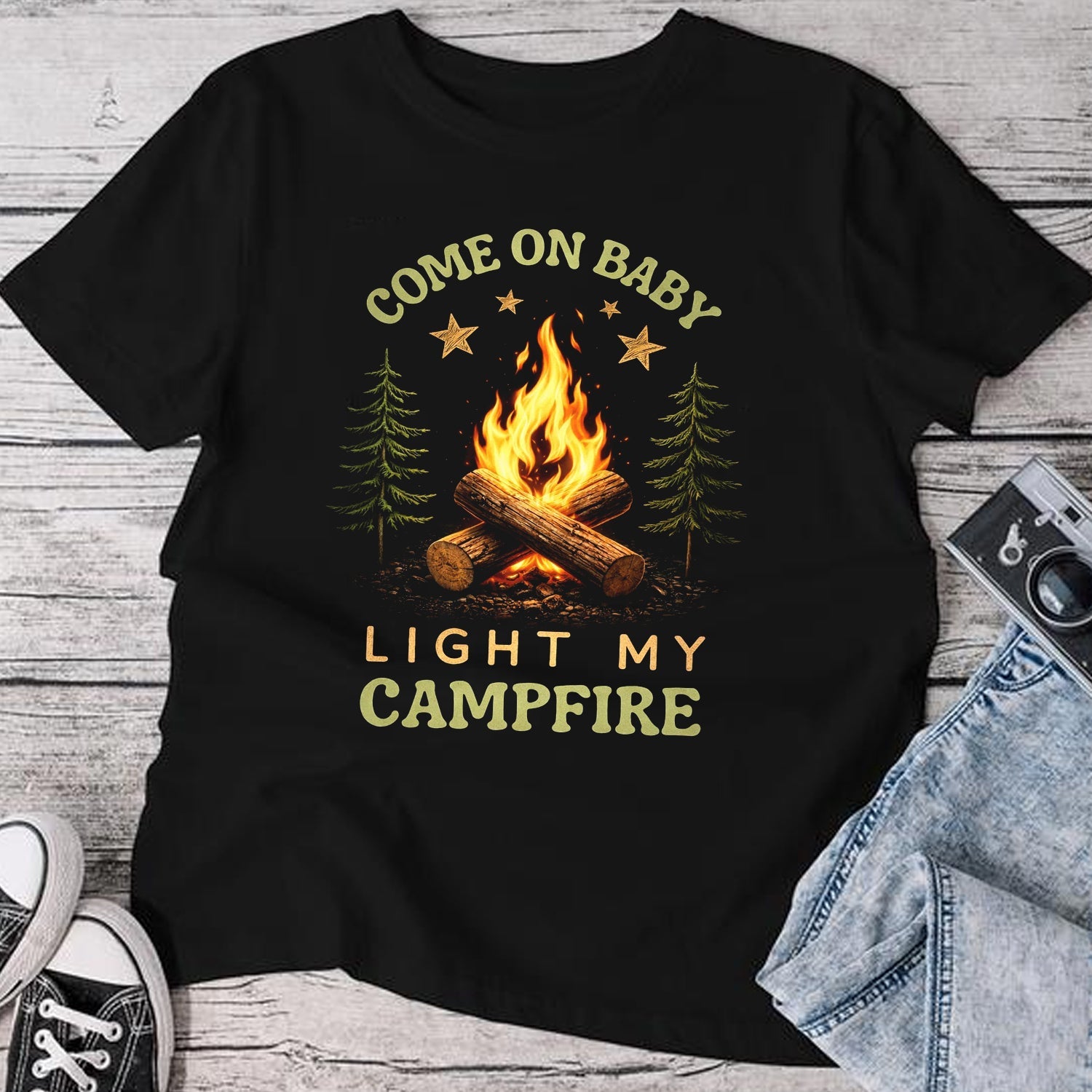 Come On Baby Light My Campfire Camping Graphic T-Shirt