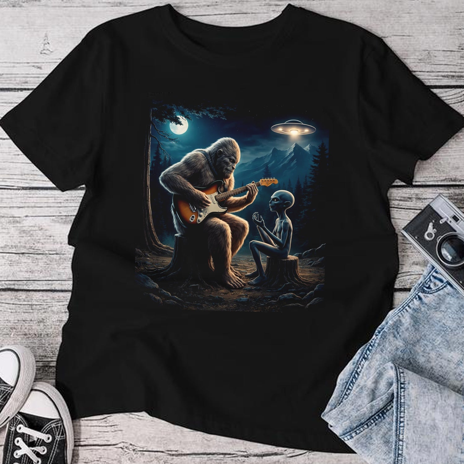 Bigfoot Playing Guitar with Alien T-Shirt – Funny UFO Sasquatch Music Graphic Tee, Sci-Fi Fantasy Humor Shirt