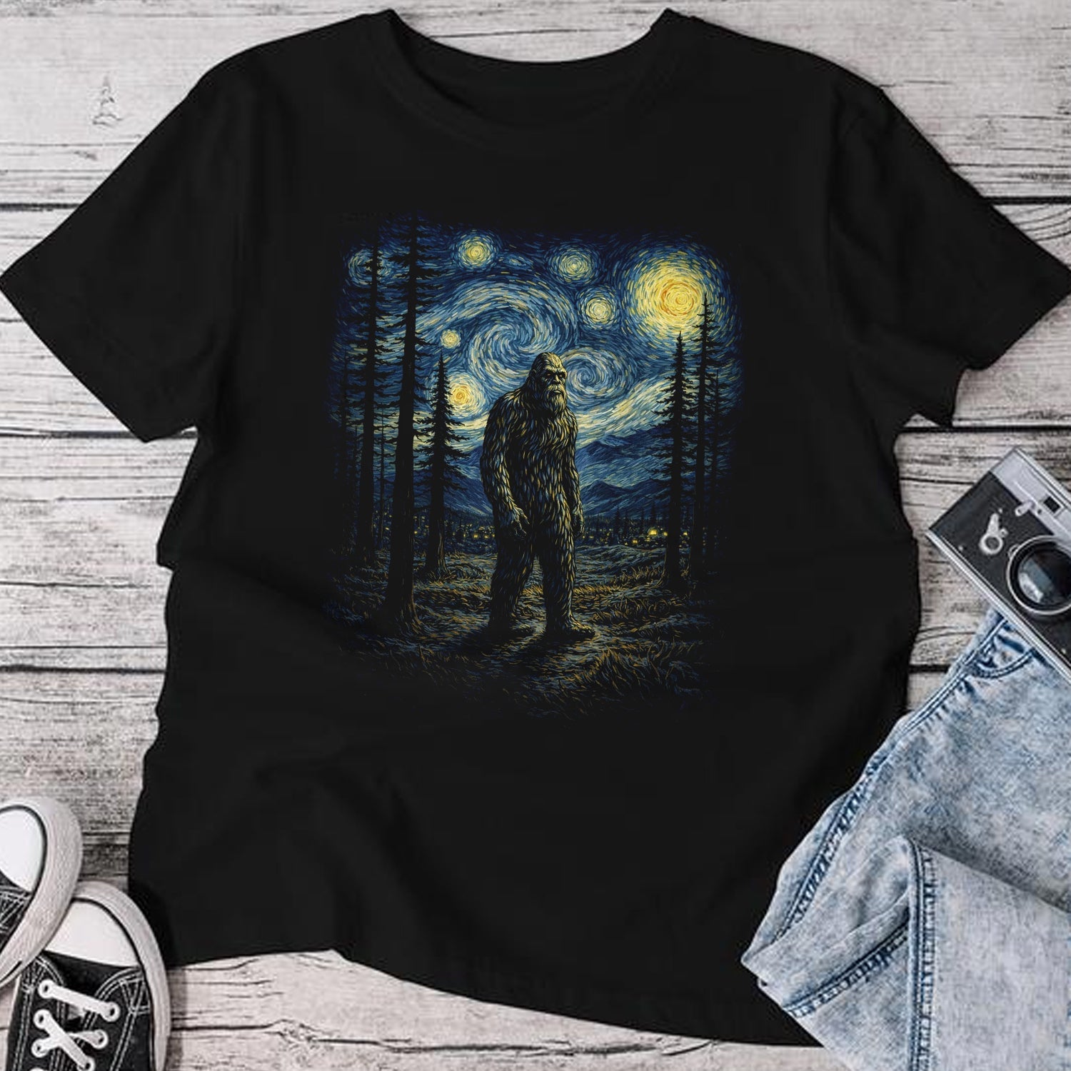 Starry Night Bigfoot T-Shirt – Van Gogh Style Sasquatch Art Graphic Tee, Artistic Cryptid Night Sky Shirt