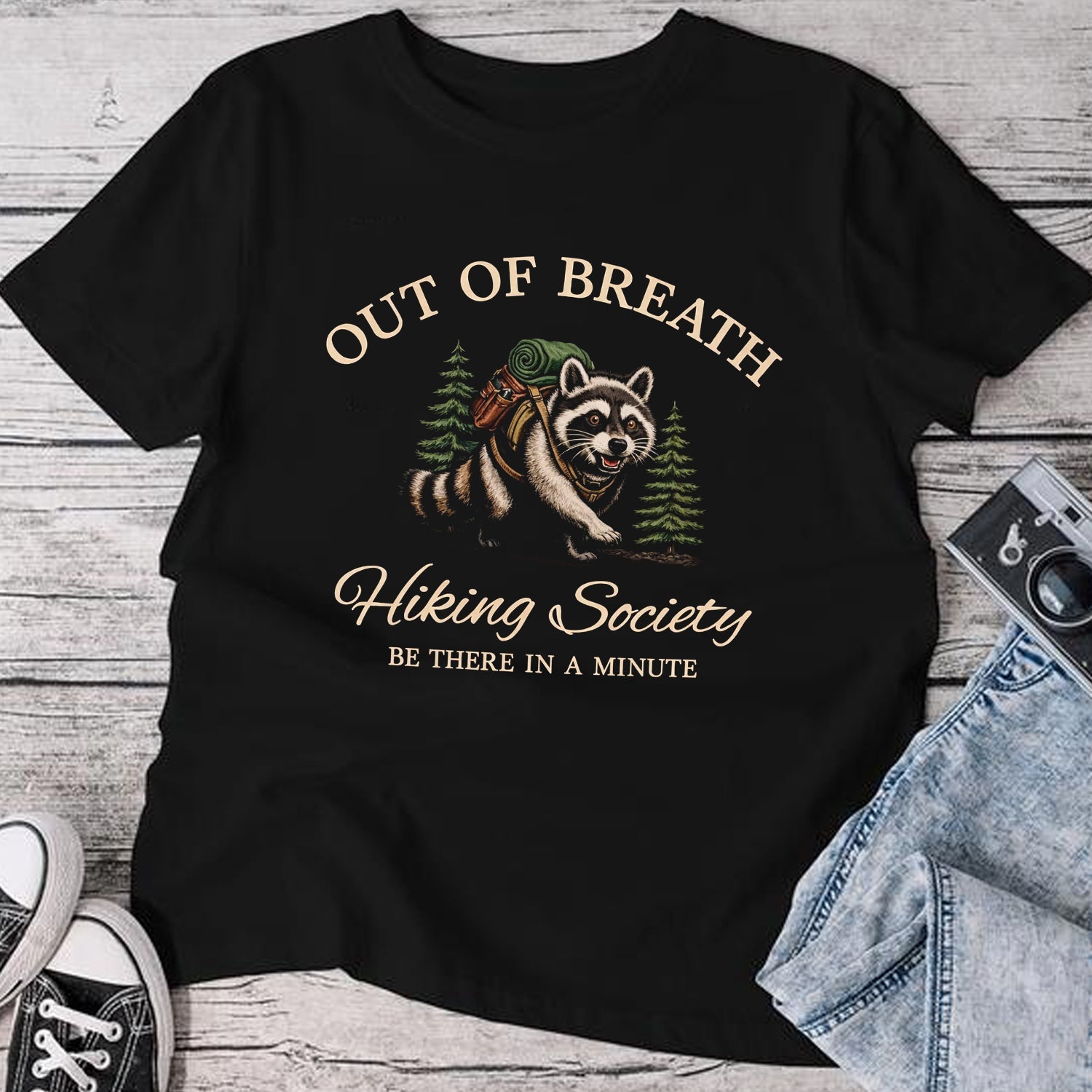Out of Breath Hiking Society T-Shirt – Funny Raccoon Backpacker Graphic Tee, Hiking Humor Outdoor Adventure Shirt