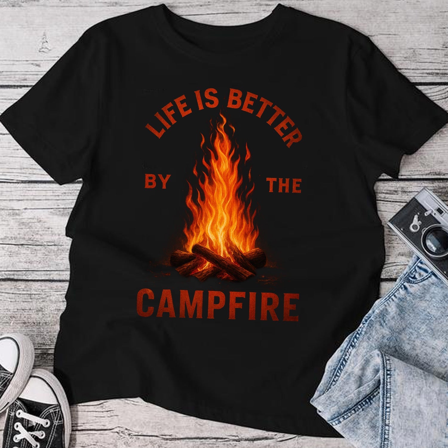Life Is Better by the Campfire T-Shirt – Vintage Camping Quote Fire Graphic Tee, Outdoor Adventure Lifestyle Shirt