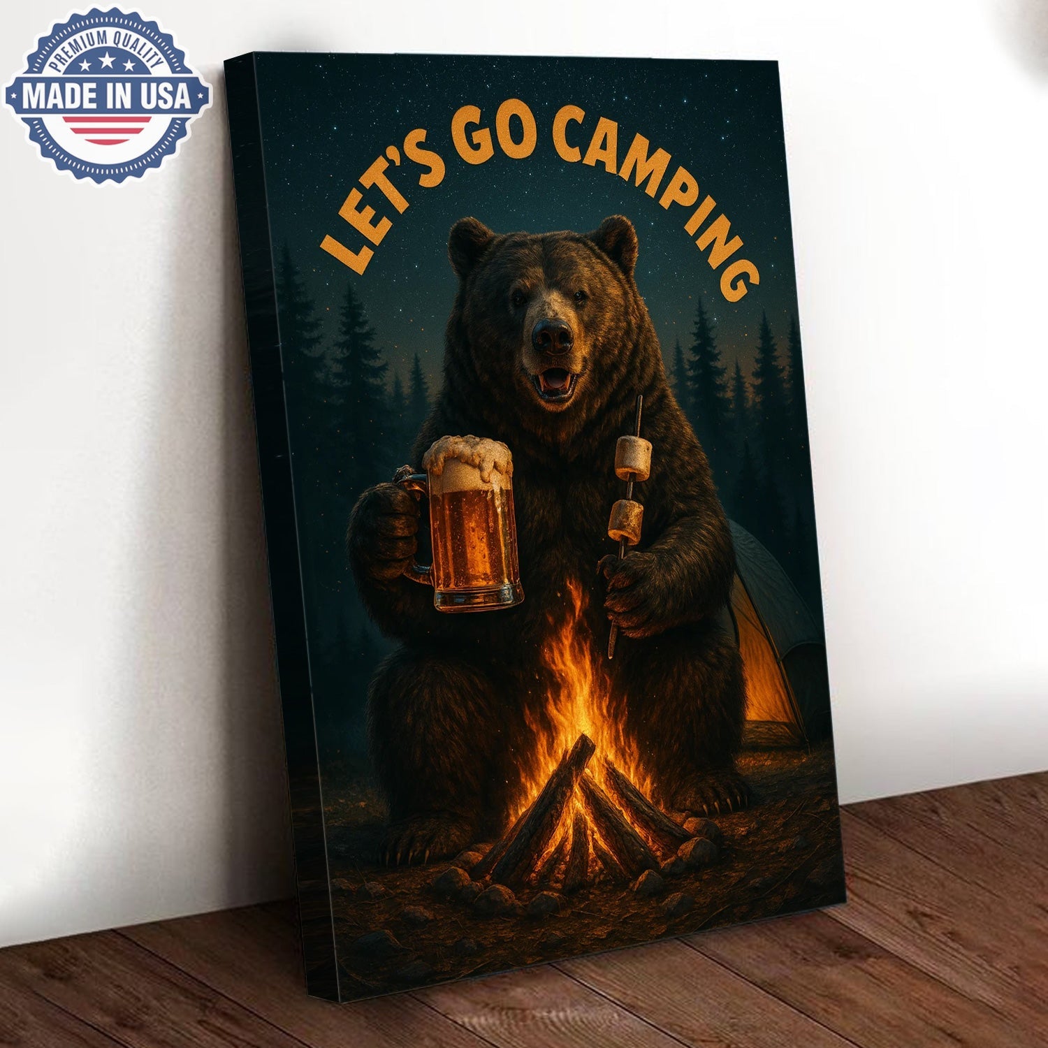 Let’s Go Camping Bear Canvas Wall Art – Funny Wildlife Campfire Illustration with Forest Night Scene, Rustic Outdoor Adventure Home Decor