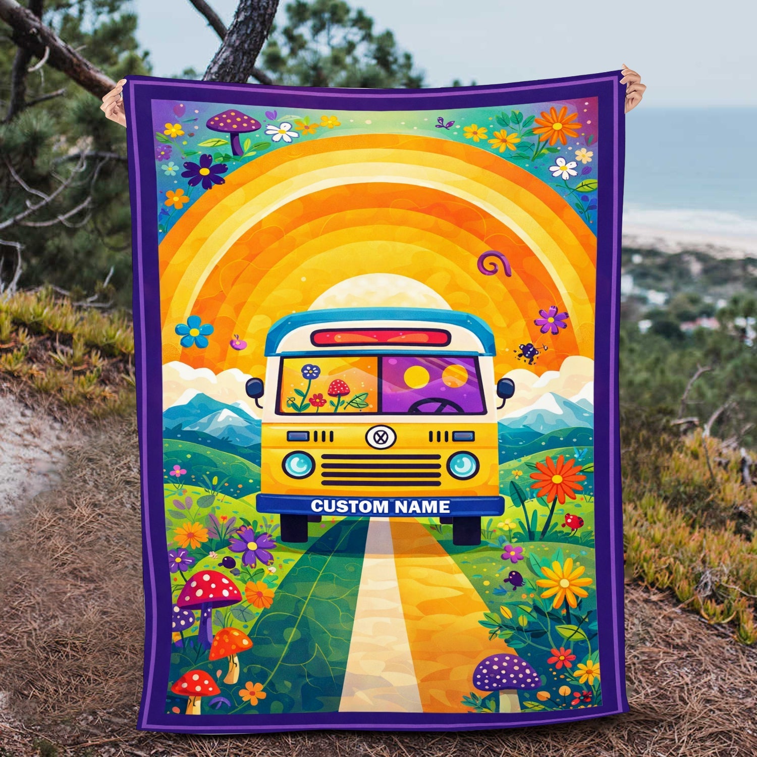Personalized Rainbow Camper Blanket – Custom Name Retro Van Gift for Happy Campers