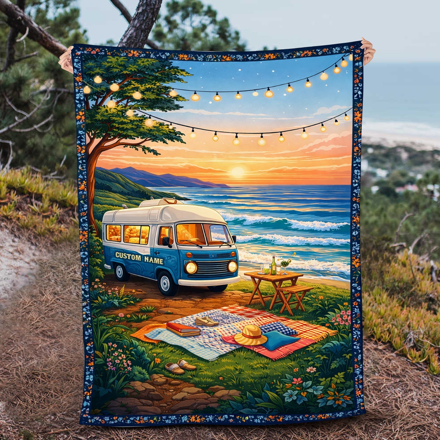 Personalized Van Life Beach Blanket – Custom Name Coastal Sunset Camper Gift for Travel & RV Lovers