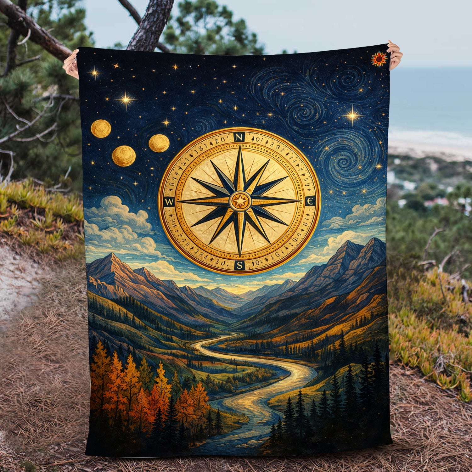 Personalized Adventure Compass Blanket – Mountain River Throw for Hikers, Campers & Nature Lovers