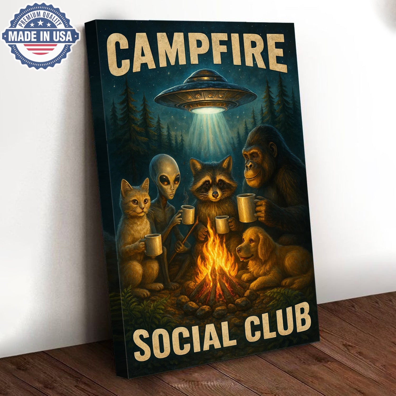 Campfire Social Club Canvas Wall Art – Whimsical Night Camping Illustration with Forest Friends & UFO, Funny Outdoor Adventure Home Decor