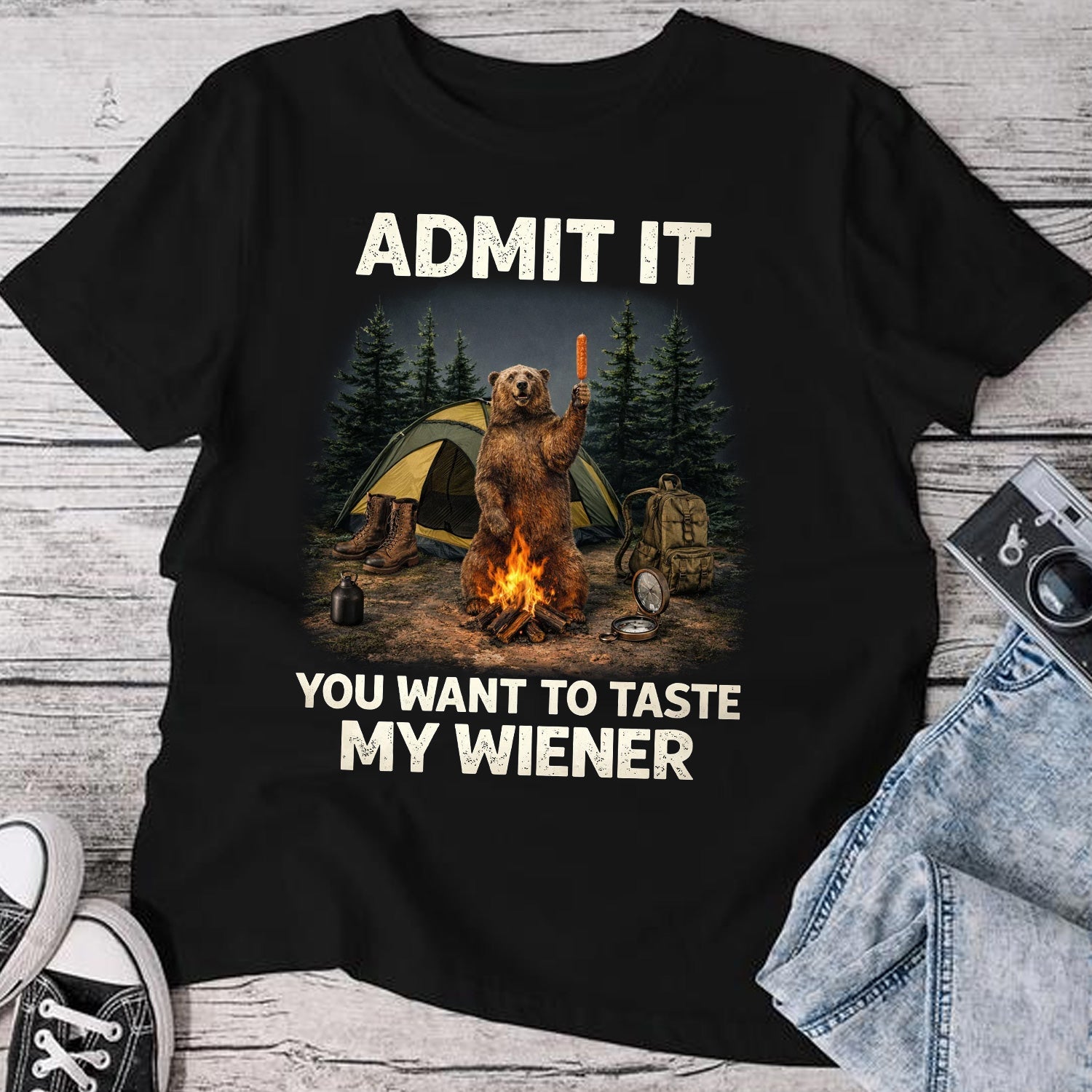Funny Camping Bear T-Shirt – “Admit It, You Want to Taste My Wiener” Campfire Hot Dog Humor Graphic Tee