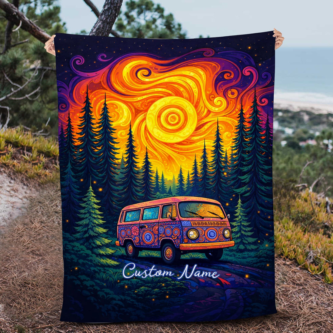 Personalized Psychedelic Camper Blanket – Custom Name Night Van Gift for Free Spirits