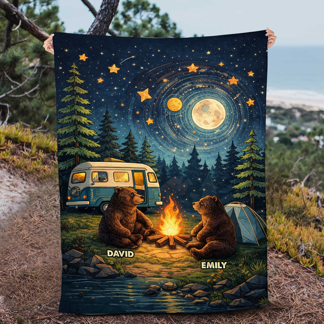 Personalized Camping Couple Fleece Blanket – Custom Name Bear Campfire Night Throw for Couples & Outdoor Lovers