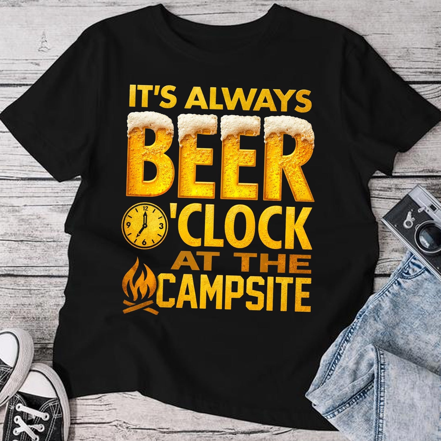 Funny Camping Beer T-Shirt – “It’s Always Beer O’Clock at the Campsite” Drinking Campfire Graphic Tee