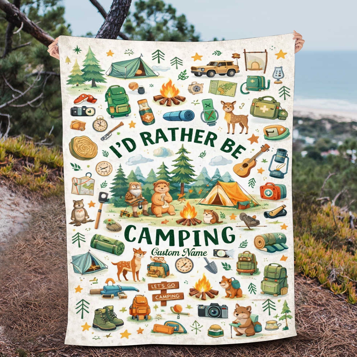Personalized I’d Rather Be Camping Blanket – Custom Name Cute Camping Gift