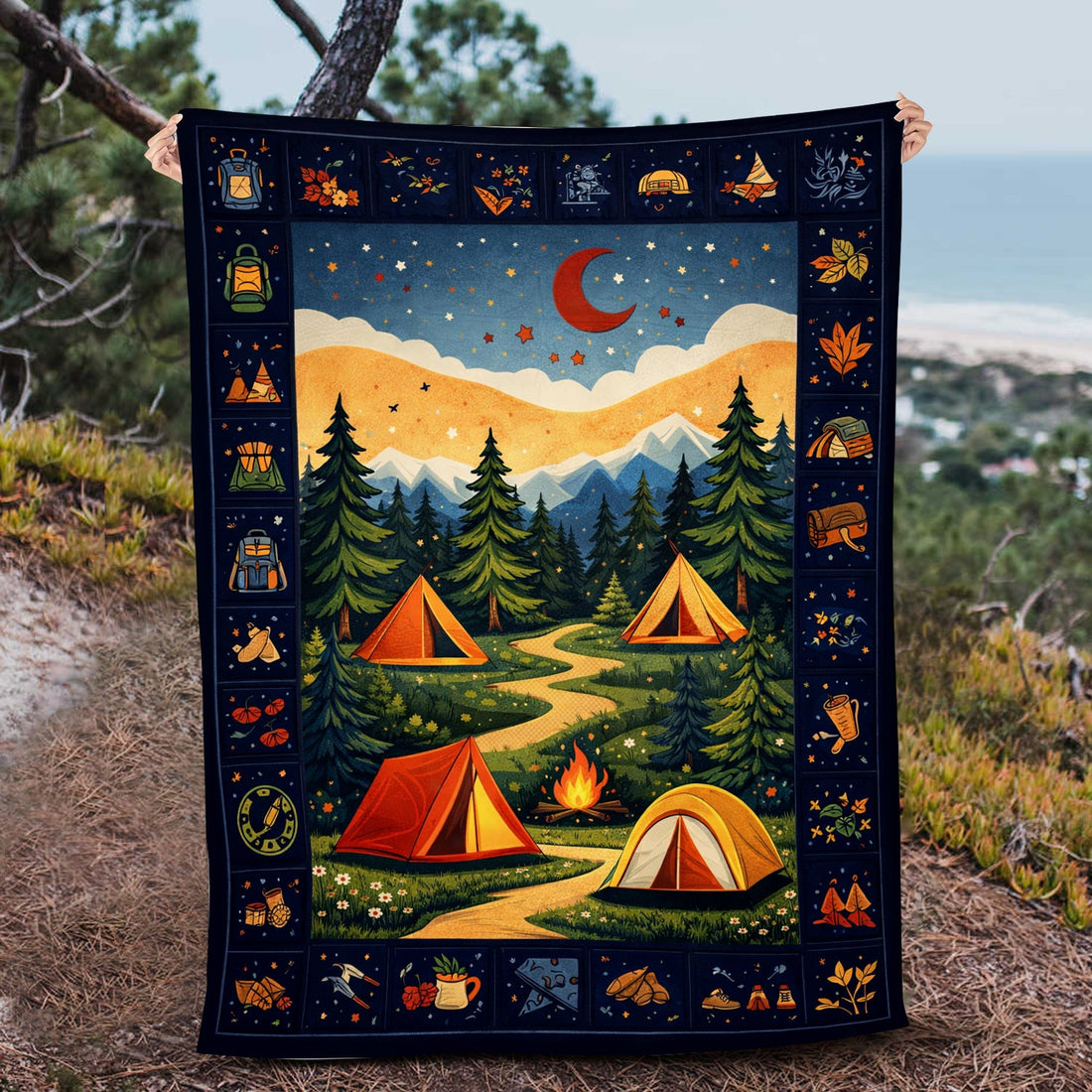 Camping Night Fleece Blanket – Mountain Campfire Tent Throw for Camping Lovers & Outdoor Home Decor