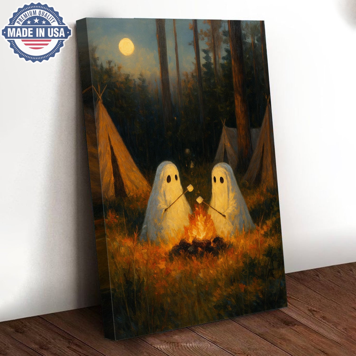 Ghost Camping Canvas Wall Art – Cute Campfire Night Illustration with Friendly Spirits, Whimsical Forest Adventure Home Decor