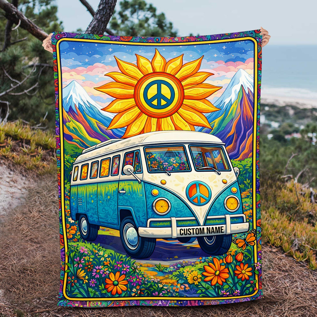 Personalized Hippie Van Blanket – Custom Name Peace & Love Camping Gift