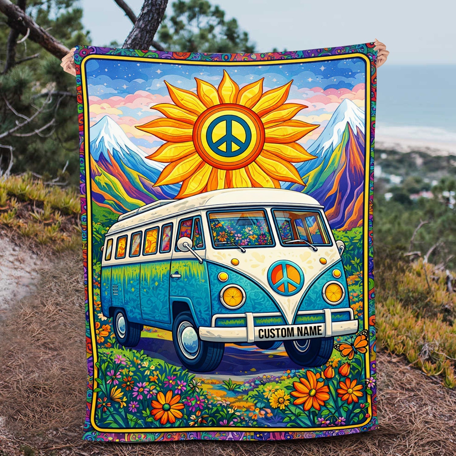 Personalized Hippie Van Blanket – Custom Name Peace & Love Camping Gift