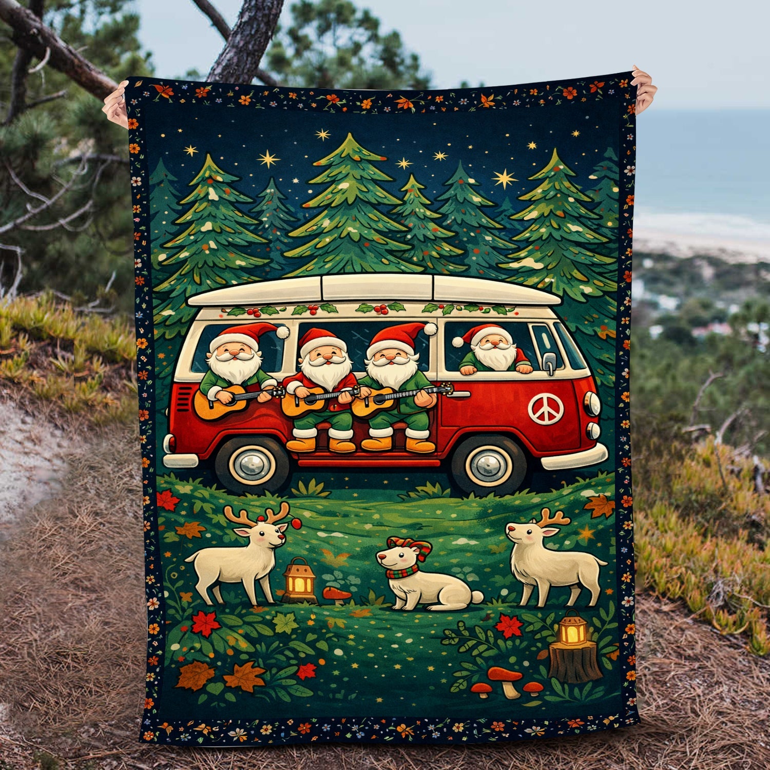 Personalized Christmas Hippie Van Blanket – Custom Name Santa Camper Holiday Gift for Van Life & Retro Lovers
