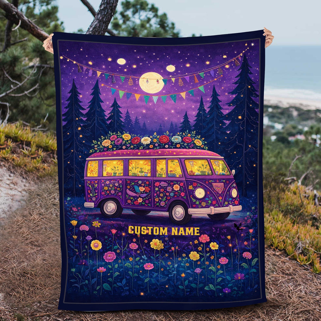 Personalized Hippie Moonlight Van Blanket – Custom Name Boho Retro Festival Gift for Van Life & Flower Lovers