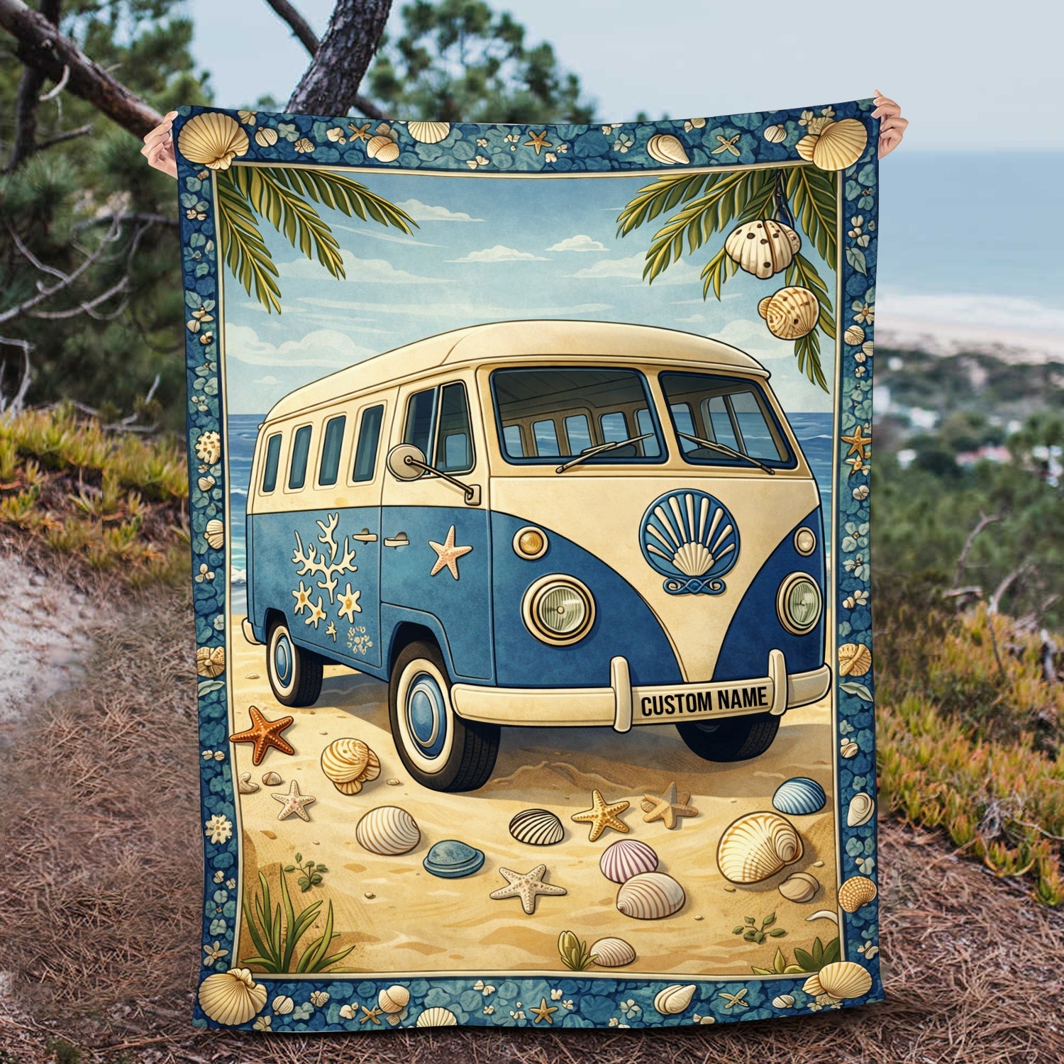 Personalized Beach Van Blanket – Custom Name Coastal Vanlife Summer Gift