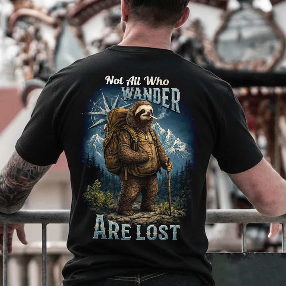 Not All Who Wander Are Lost Sloth Hiking T-Shirt, Adventure Sloth Backpack Graphic Tee, Funny Outdoor Travel Nature Shirt for Men