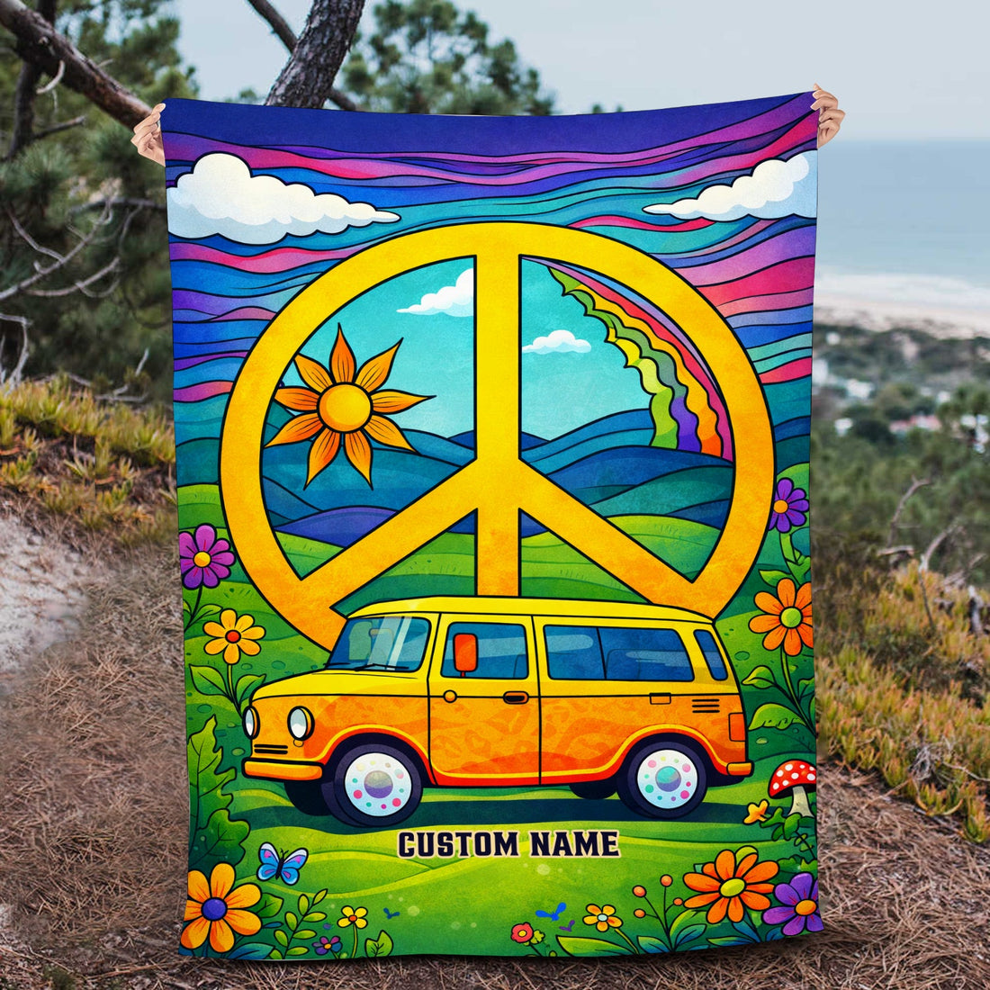 Personalized Hippie Peace Van Blanket – Custom Name Retro 70s Boho Throw Gift for Van Life & Festival Lovers