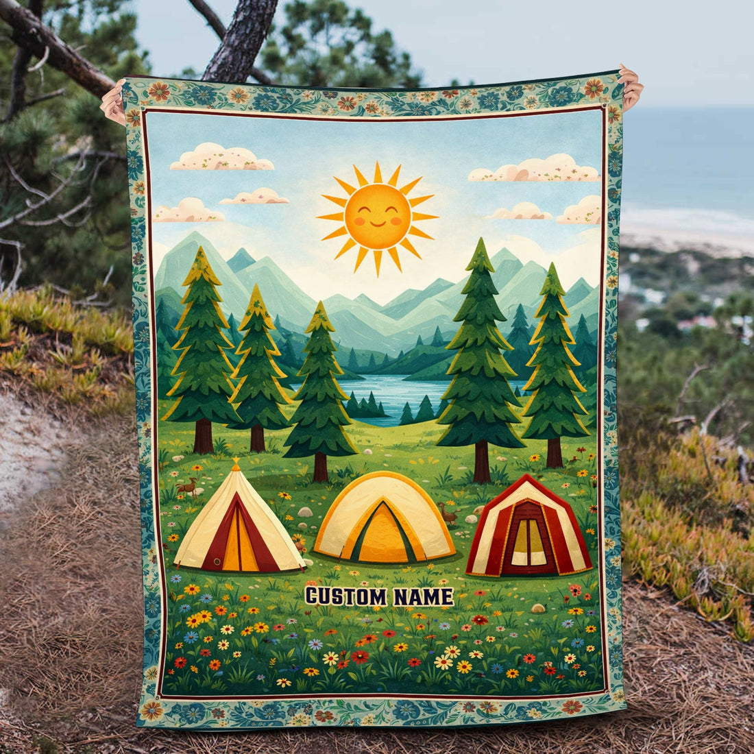 Personalized Camping Tent Blanket – Custom Name Outdoor Adventure Throw Gift for Nature Lovers