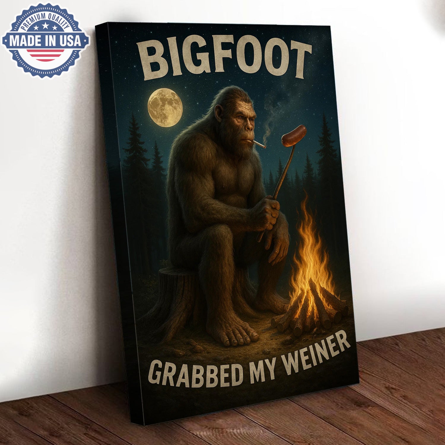 Funny Bigfoot Campfire Canvas Wall Art – Humorous Sasquatch Night Camping Illustration, Rustic Forest Cabin Humor Decor