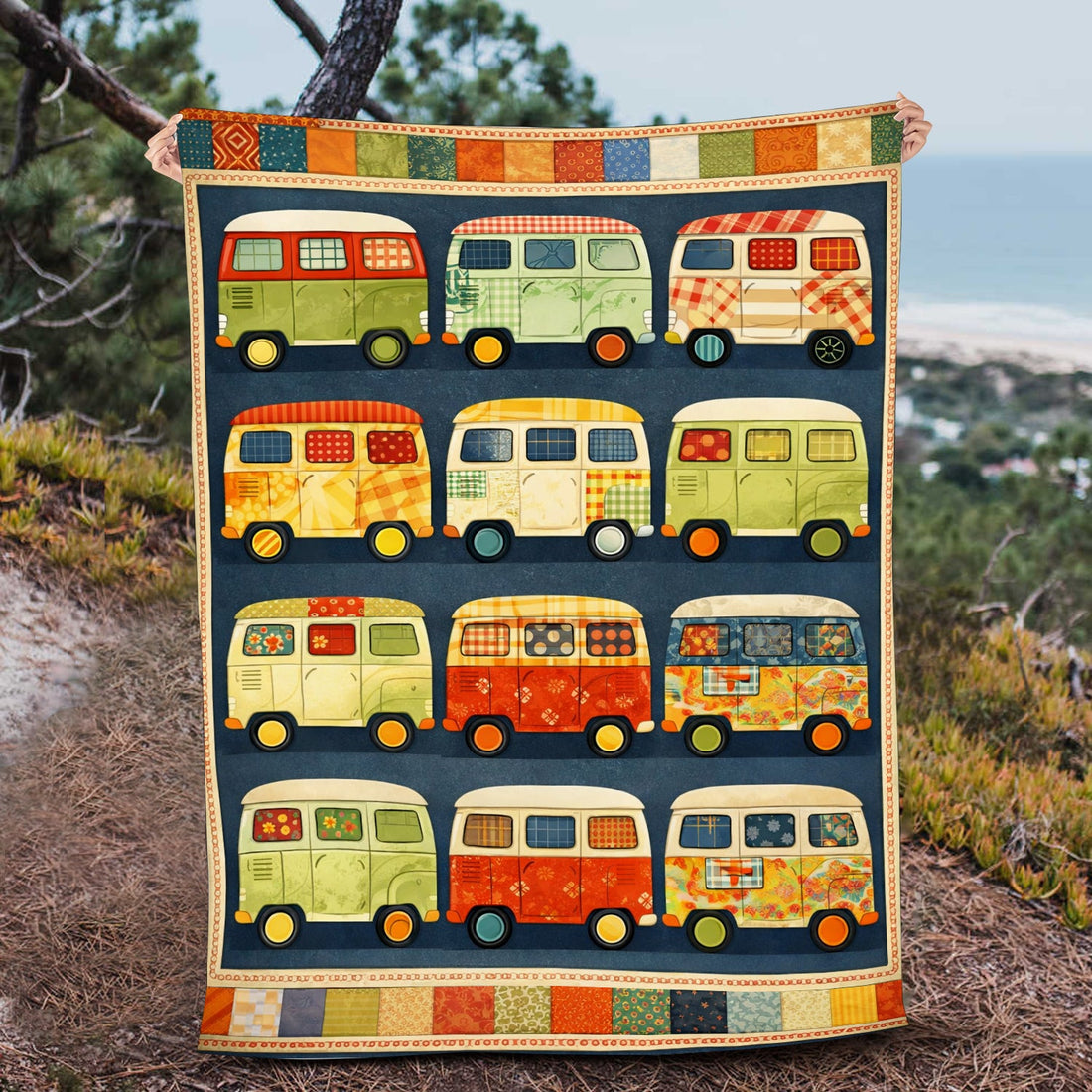 Personalized Vintage Camper Blanket – Custom Name Retro Van Life Patchwork Quilt Throw