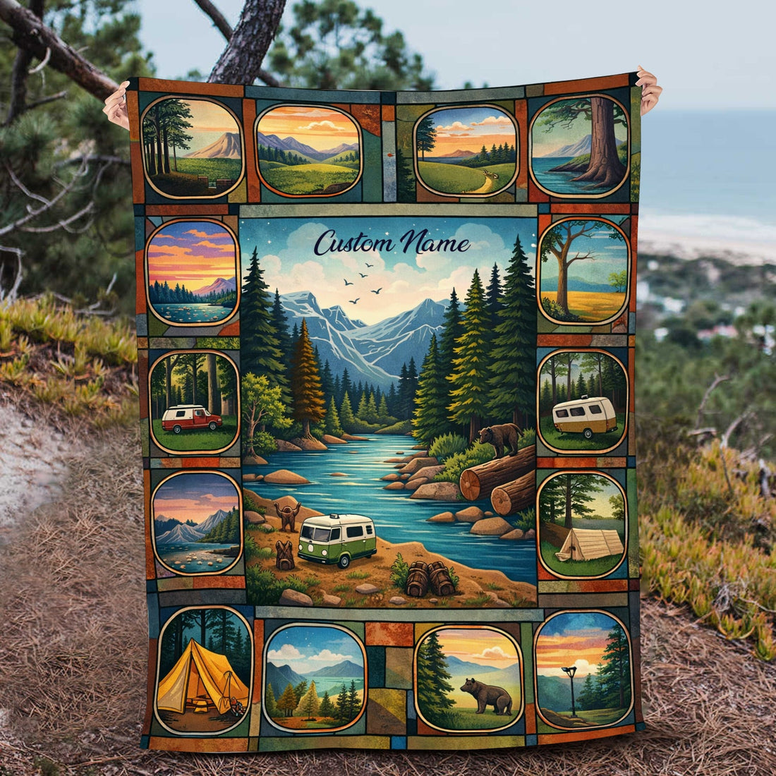 Personalized Mountain Camping Blanket – Custom Name National Park River Van Life Quilt Throw