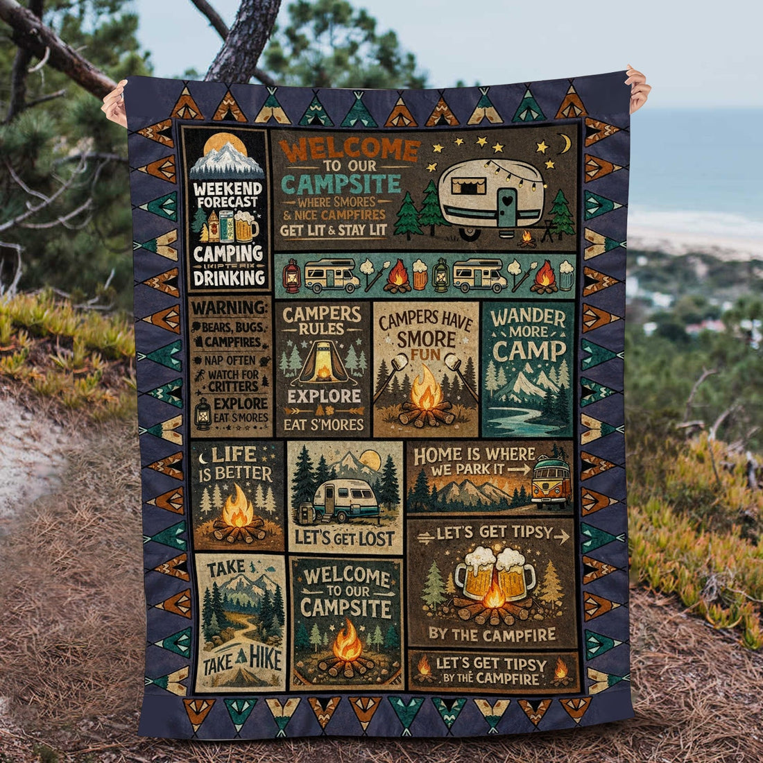 Funny Camping Fleece Blanket – Welcome To Our Campsite Campfire Beer Throw Gift
