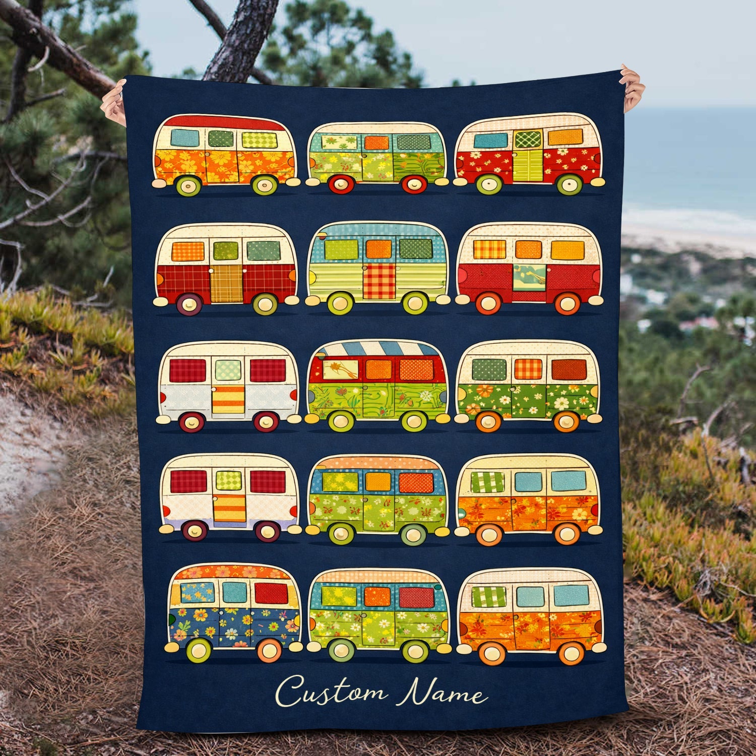 Personalized Retro Camper Van Blanket – Custom Name Vintage Van Pattern Quilt Throw for Van Life Lovers