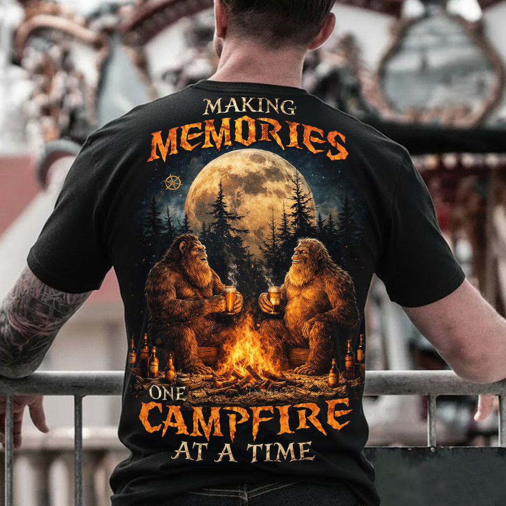Bigfoot Campfire T-Shirt – Sasquatch Wilderness Night Graphic Tee, Forest Moon Camping Art Shirt, Outdoor Adventure Nature Lover Apparel