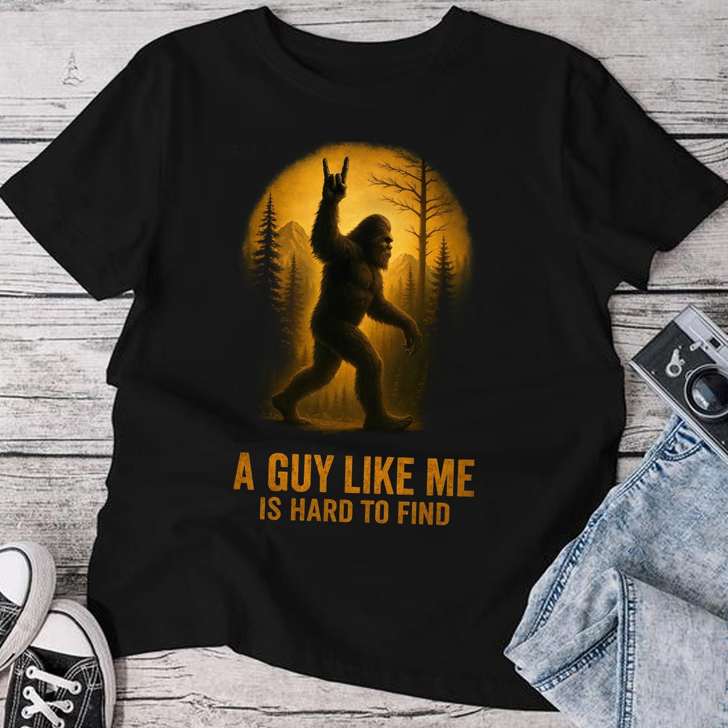 A Guy Like Me Is Hard to Find Bigfoot T-Shirt – Funny Sasquatch Forest Graphic Tee, Vintage Wilderness Humor Apparel